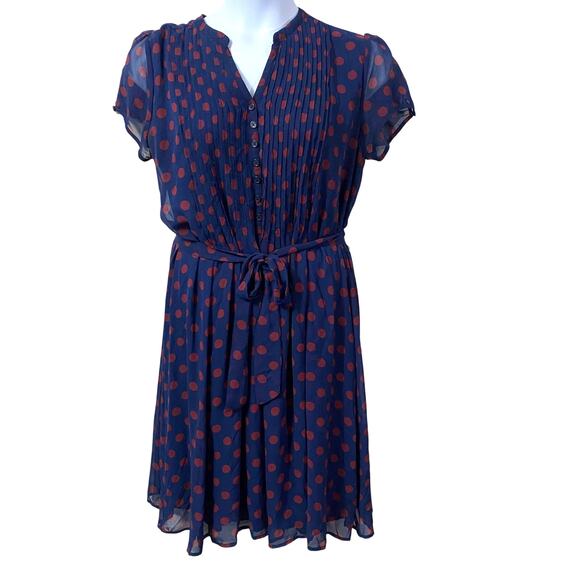 Robert Louis Retro Rockabilly Polkadot Dress Pleated Lined Belted Navy Red Sz XL - Picture 1 of 9